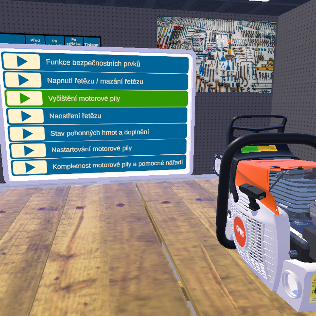 Snímek z aplikace VR údržba motorových pil